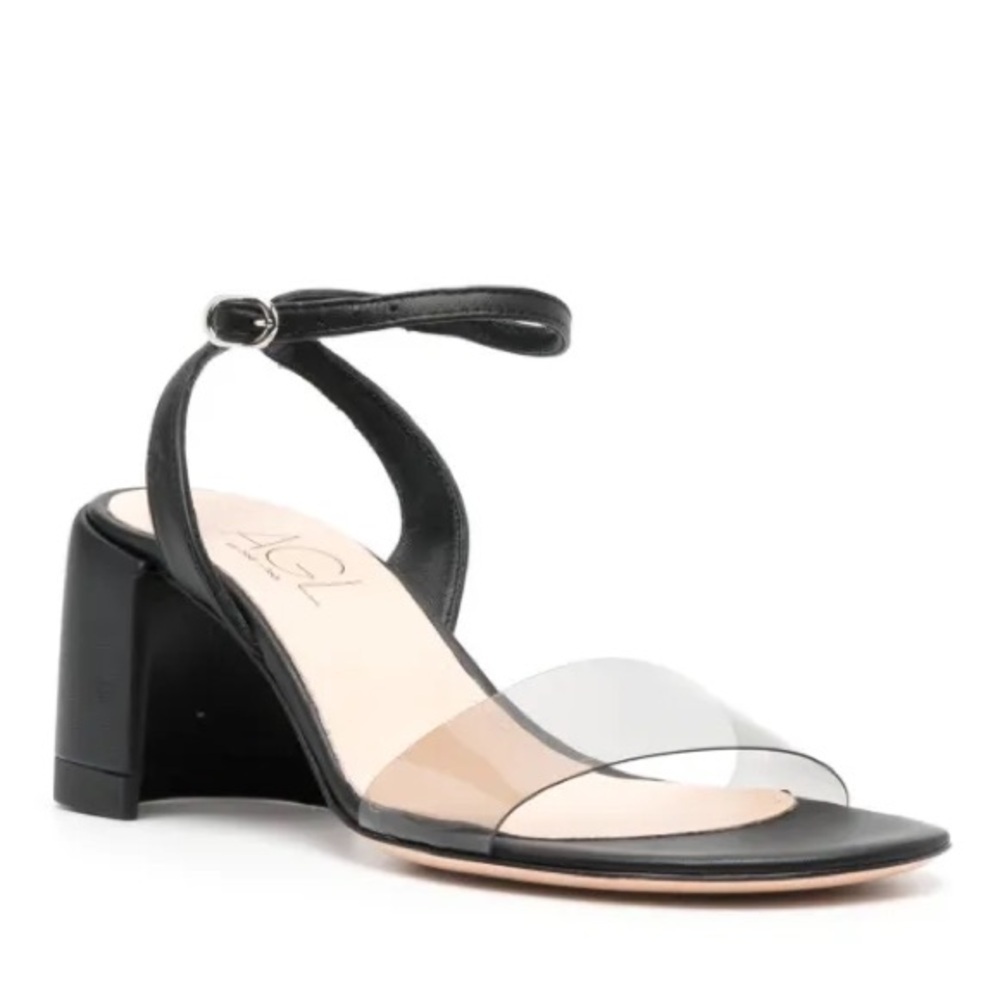 New AGL Isabelle Half Moon Block Sandals Clear PVC Toe Strap Black Sz 36